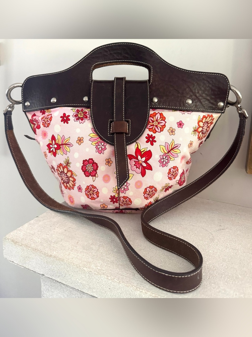 D&G Dolce & Gabbana Rare Vintage 3-Way Floral Canvas Leather